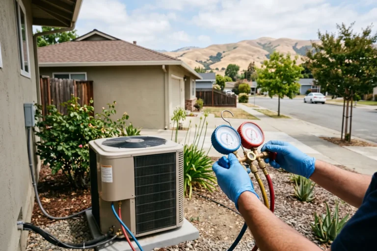Technician checking refrigerant pressure on an outdoor AC unit